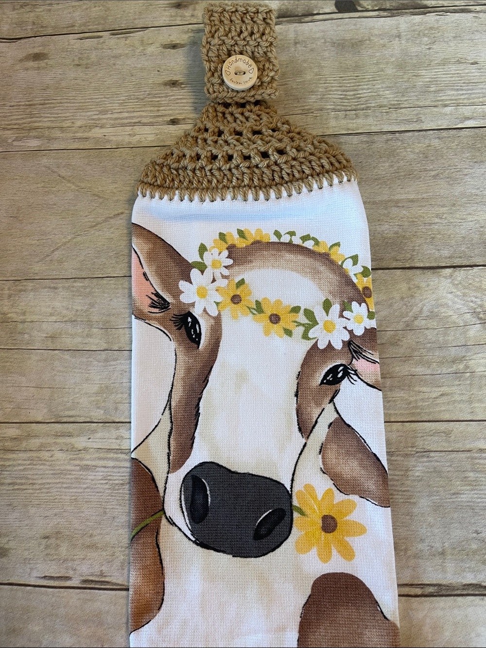 Crochet Top Cow Hanging HandTowel Single Thickness Brown Handmade With Love